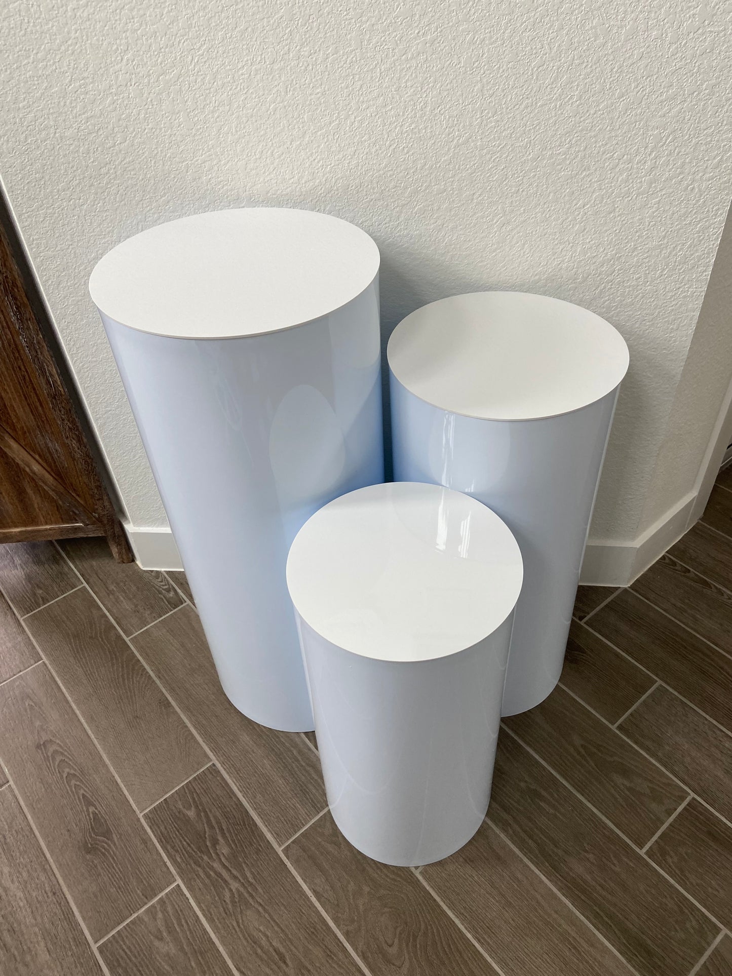 3 Piece White Cylinder Pedestal Stands ~ Rental