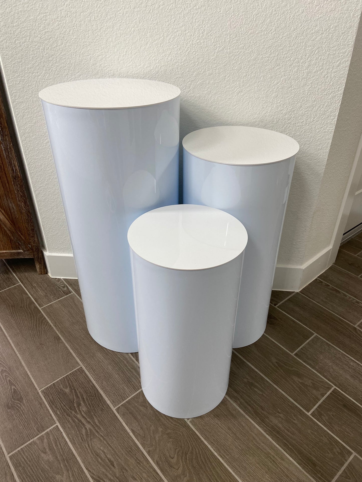 3 Piece White Cylinder Pedestal Stands ~ Rental