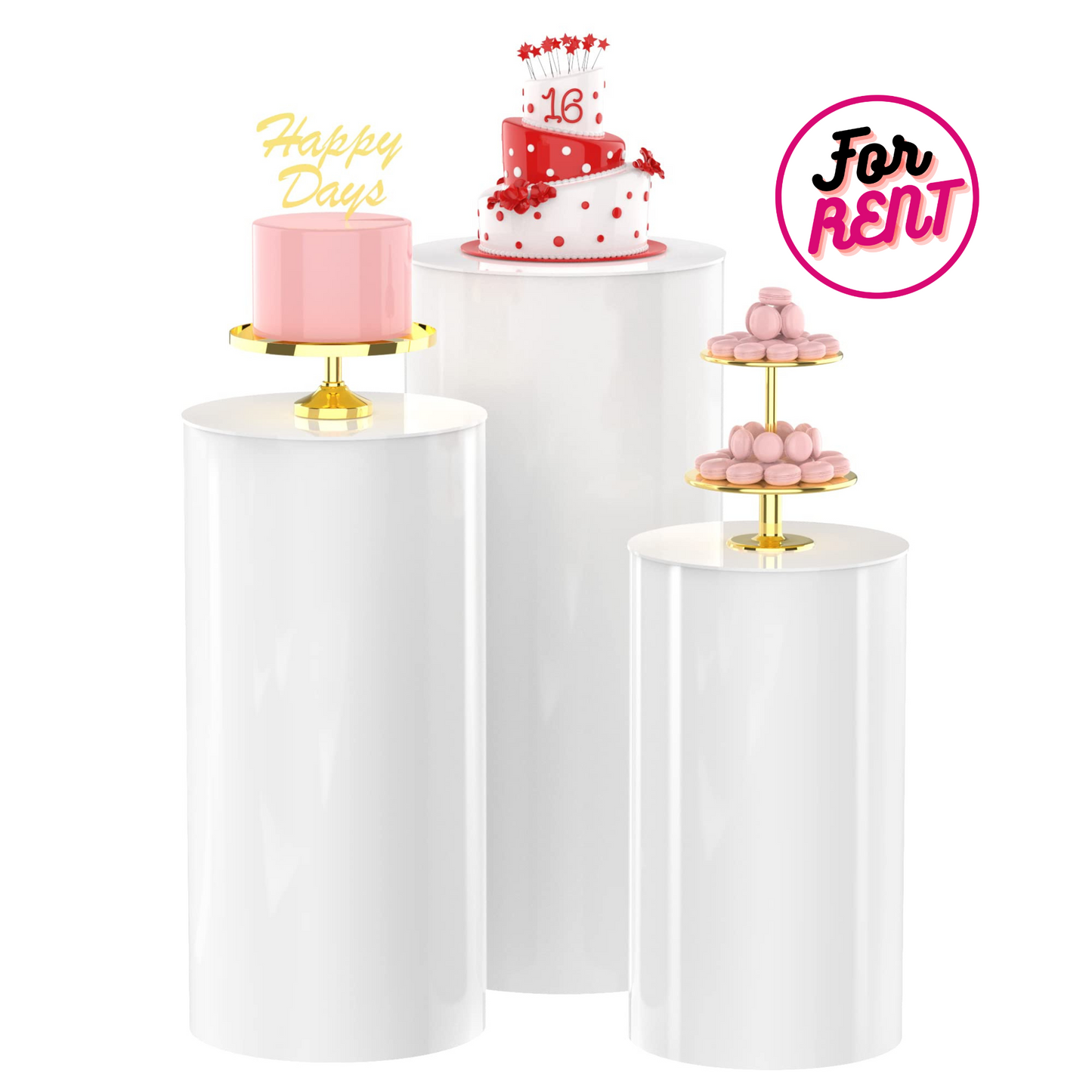 3 Piece White Cylinder Pedestal Stands ~ Rental